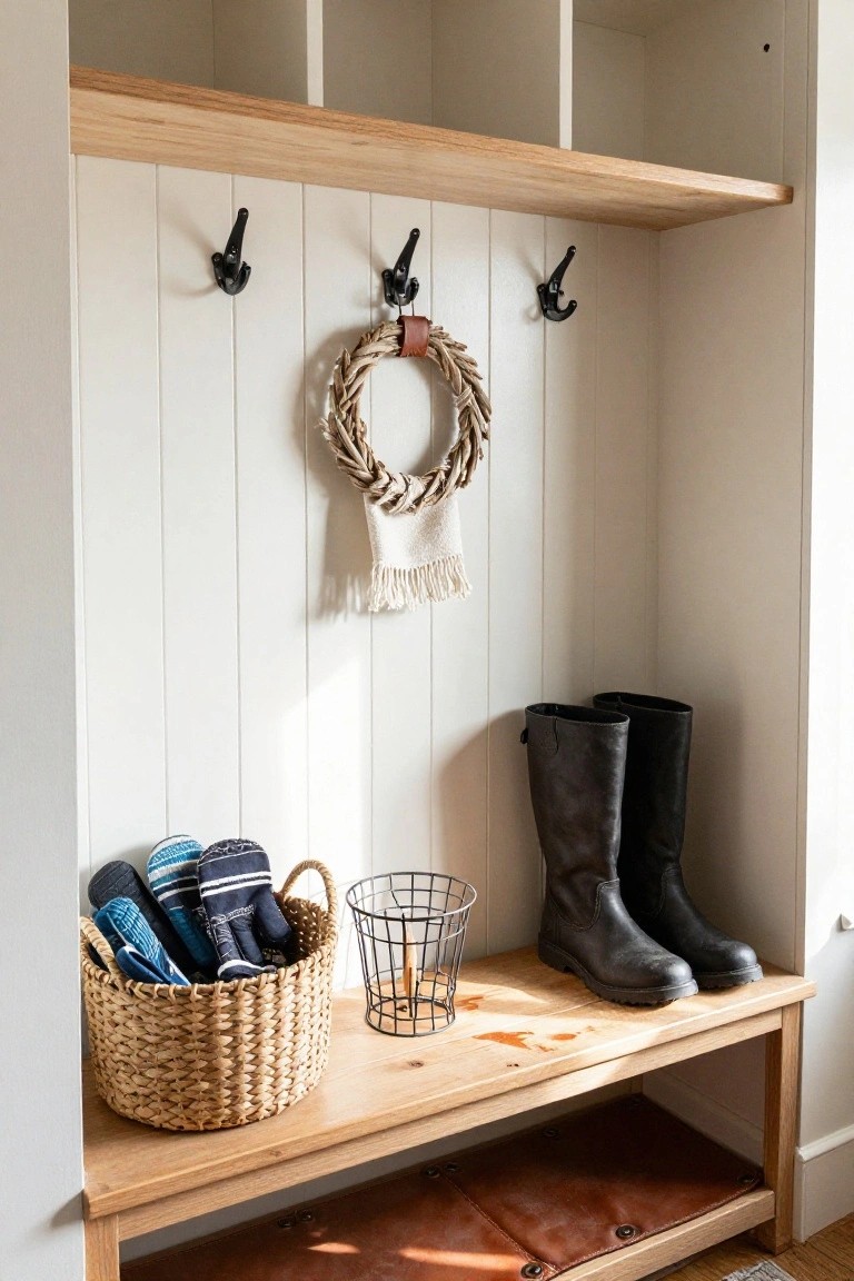 Gray entryway corner with wooden bench holding boots and tote bags, pegboard wall with hooks and baskets, thick rope wreath hanging nearby, seagrass rug on slate tile floor.