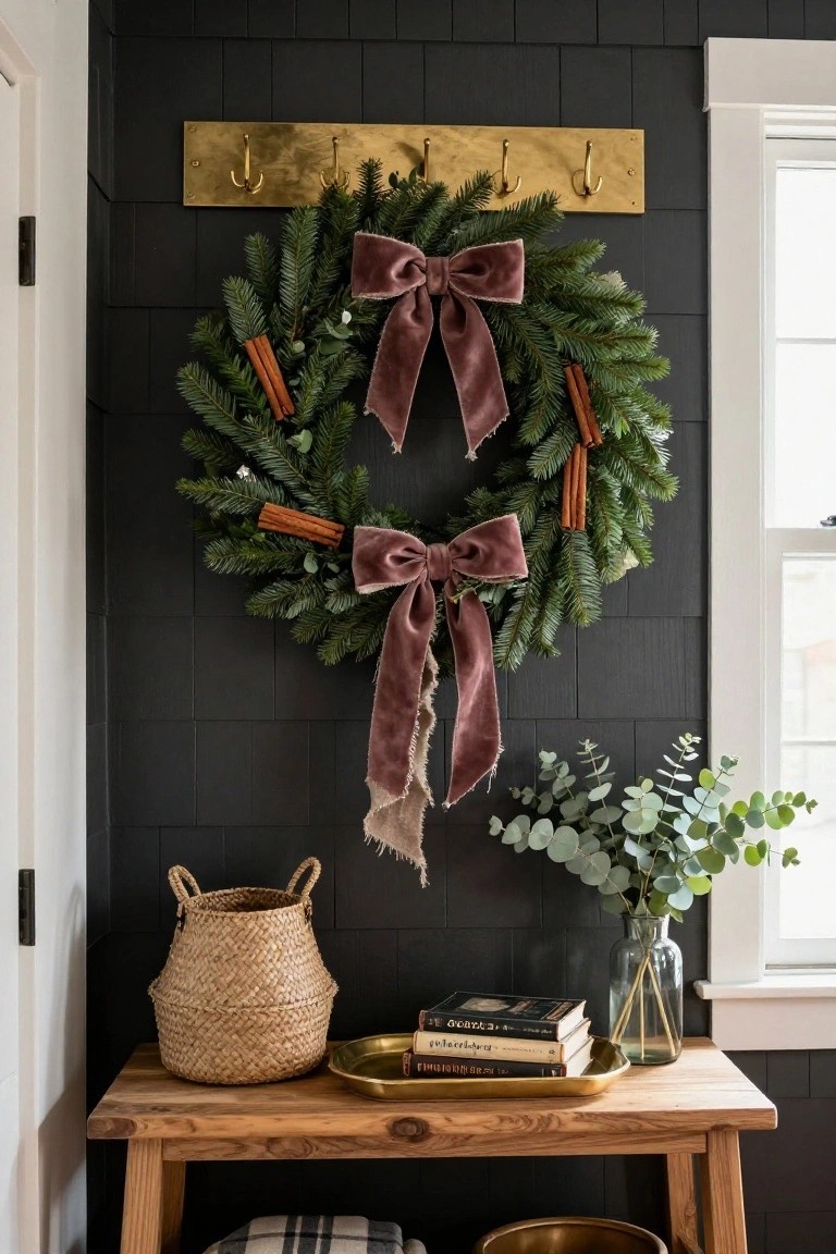 Burlap and plaid fabric Christmas wreath with pine sprigs, bells, and a large bow hanging on white shiplap wall above wooden console table with ceramic lamp, brass tray, stacked books, and seagrass basket in sunlit interior.