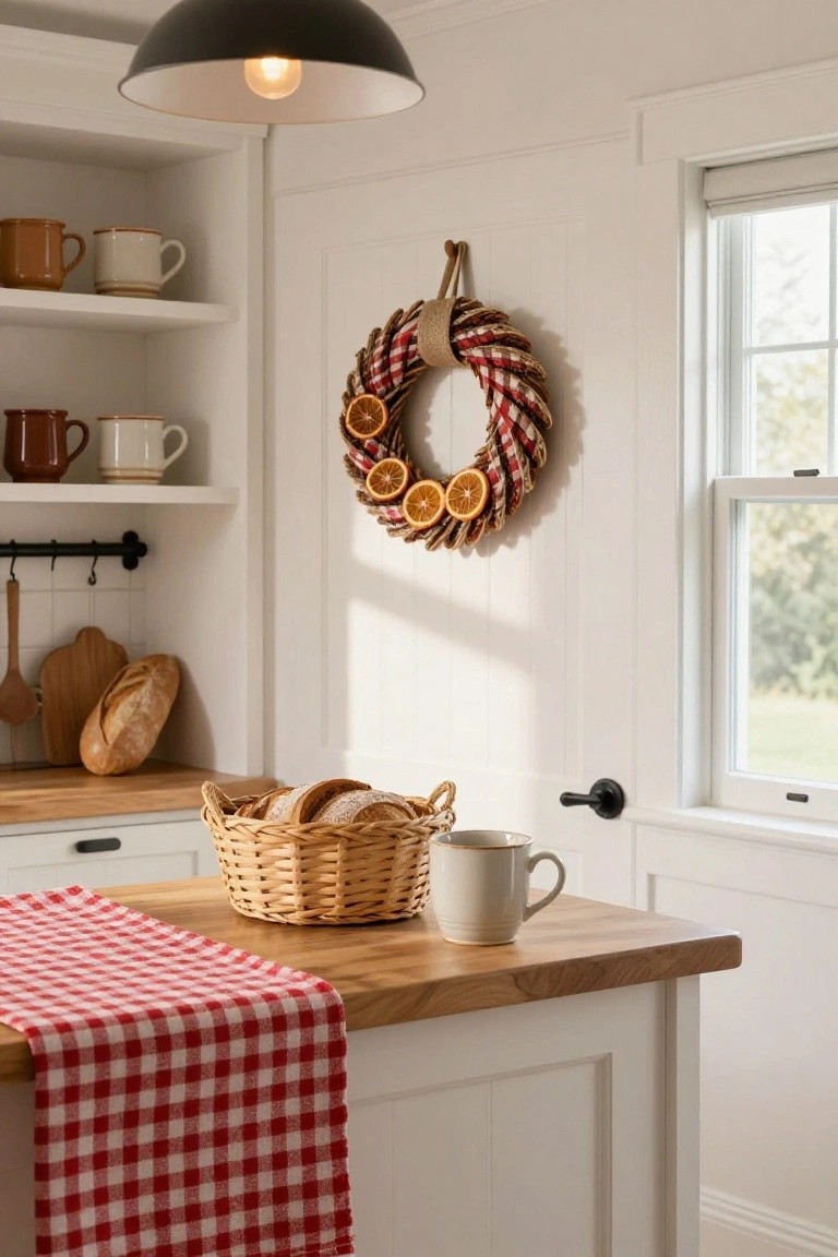 Cozy kitchen with wreath, bread basket, and red gingham runner on wood counter.