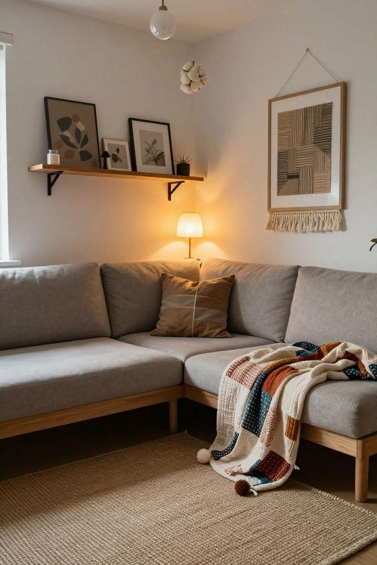 Round gold-framed mirror with light and dark wooden bead wreath draped around it hanging on a white wall above a wooden bench holding stacked white ceramic bowls and a small bowl with gray slippers on the floor nearby.