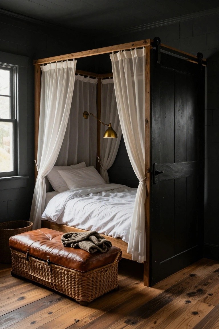 A single bed with white linens inside a wooden canopy frame draped with sheer white curtains, next to a black paneled wall with brass swing-arm lamp, leather ottoman with throw, wicker trunk, and wide plank wood floors in a dark-walled bedroom.