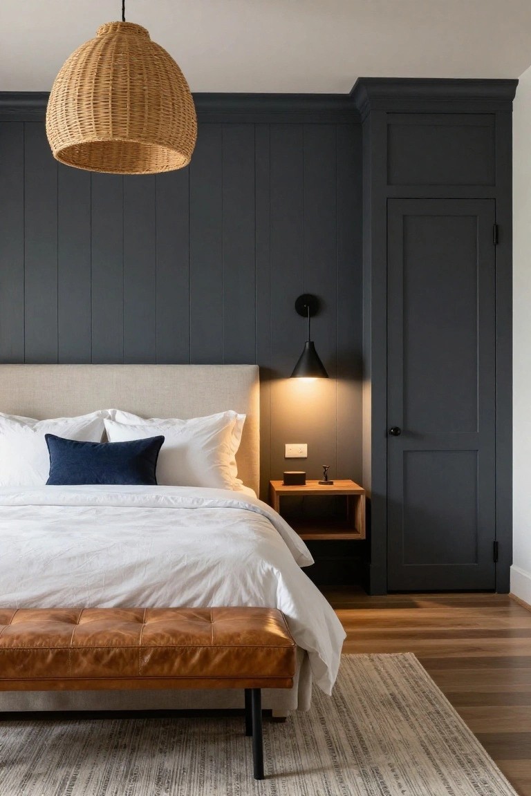Bedroom interior with beige upholstered bed frame, white bedding including a navy throw pillow, dark gray shiplap accent wall, woven rattan pendant light, black wall sconce, floating wooden nightstand, tan leather bench, neutral rug, and light wood plank flooring.