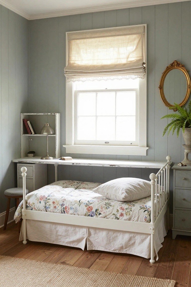 Small bedroom with pale blue shiplap walls, white metal daybed under a window with attached white desk and shelf, floral quilt, beige pillows, gold mirror, fern plant, and hardwood floors.