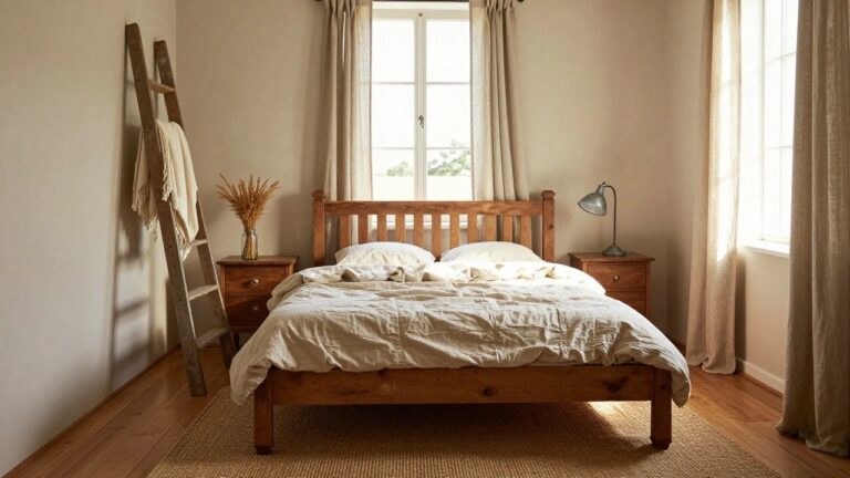 Farmhouse-style bedroom featuring a wooden bed with white linen bedding, matching nightstands, a metal desk lamp, sheer curtains on a multi-pane window, a wooden ladder draped with a white blanket, seagrass rug, and hardwood floors.