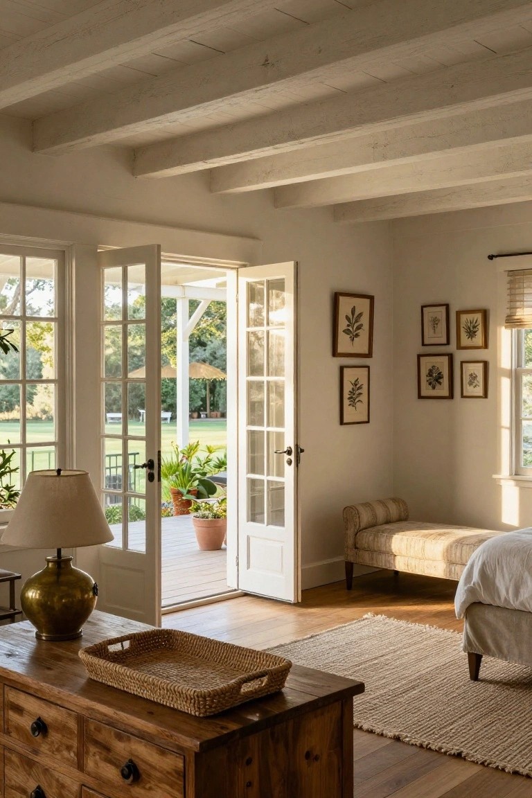 Bedroom with whitewashed exposed beam ceiling, wooden dresser topped with brass lamp and rattan tray, open white French doors to porch, corner daybed, botanical art on walls, and view of lawn, plants, and umbrellas outside.