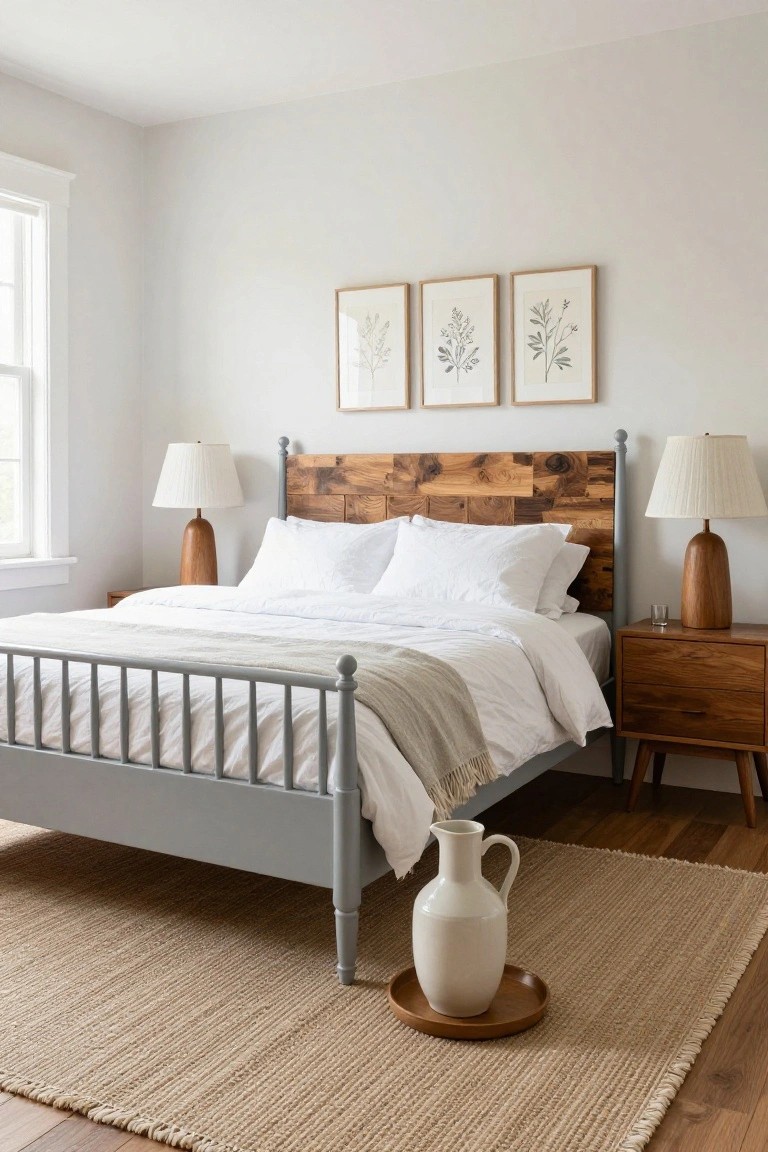 A bedroom with a gray metal bed frame featuring a headboard of horizontal reclaimed wood planks, white bedding and pillows, wooden nightstands with lamps, three framed botanical prints on a light gray wall, a white pitcher on a wood tray on a seagrass rug, and hardwood floors.