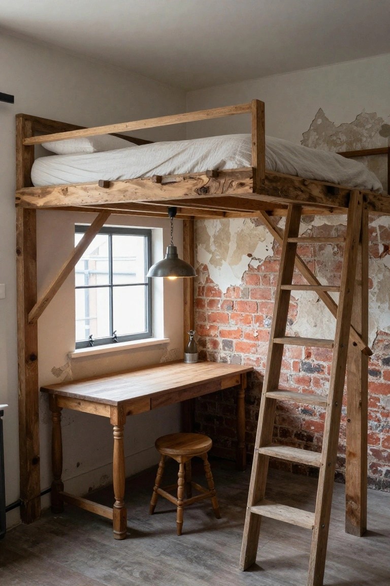 Wooden loft bed with white bedding accessed by a ladder, wooden desk and stool below, exposed brick wall, pendant light, and window in a small interior room.