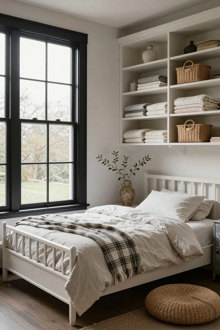 White bedroom with spindle bed covered in white linens and plaid throw, open white wall shelves stocked with folded blankets towels and wicker baskets, large black-framed window showing trees and grass outside, terracotta vase with greenery, and rattan pouf on wood floor.