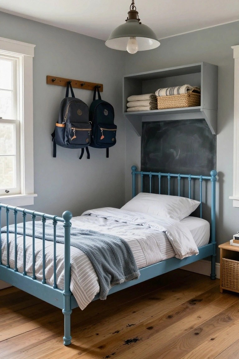 Child's bedroom with teal-painted metal bed frame, white sheets and pillows, gray throw blanket, gray walls with chalkboard-painted section above open wooden shelf holding linens and basket, two navy backpacks on wooden peg rail, window, pendant light, and hardwood floor.