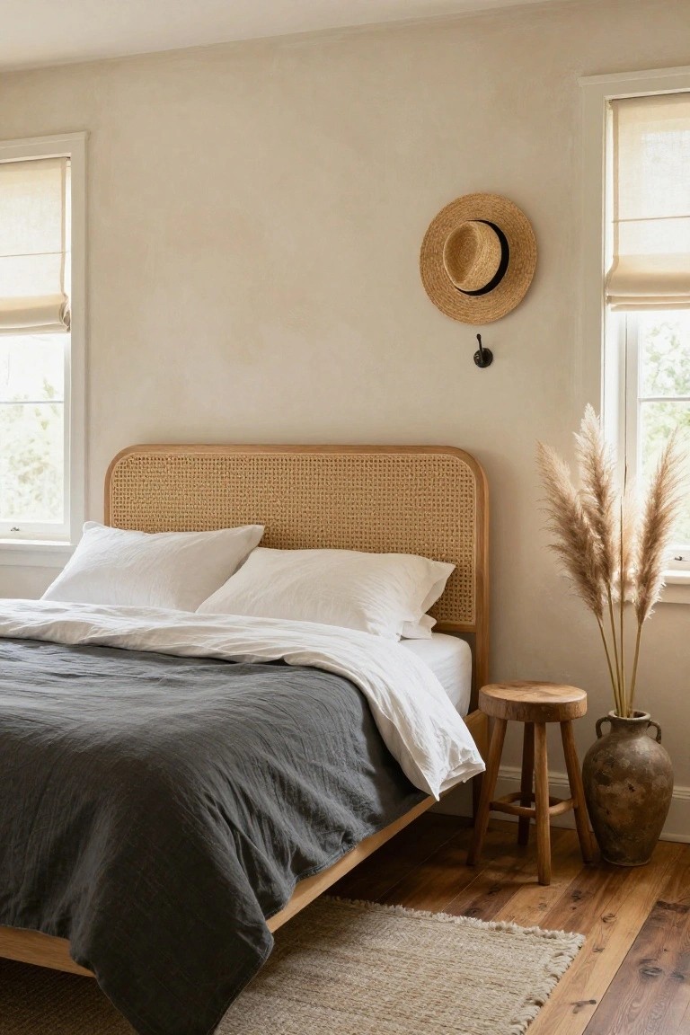 Bedroom with wooden bed frame and rattan headboard, white pillows and gray duvet cover, pampas grass in terracotta vase on wooden stool, beige walls, blinds on windows, and hardwood floor with rug.