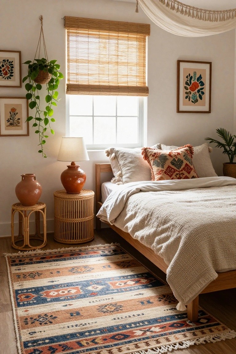 Cozy bedroom with wooden platform bed draped in white linens and an orange patterned pillow, rattan side tables topped with terracotta lamps, hanging potted plant near bamboo-shaded window, colorful woven rug on hardwood floor.