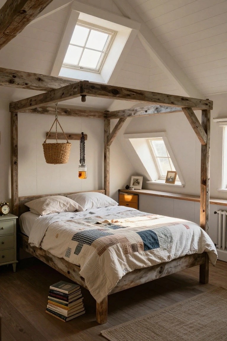 Attic bedroom with white sloped ceilings and skylights, wooden beam canopy bed frame over white sheets and patchwork quilt, mint nightstand with clock, stack of books on wood floor, wicker basket with jar hanging from beam.