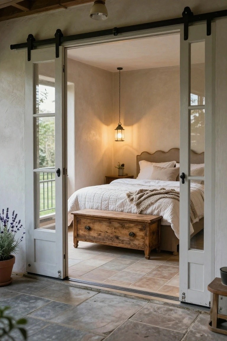 Cozy bedroom interior with white quilted bed, beige headboard, wooden storage bench at foot, nightstand with lamp, open white sliding doors to outdoor tiled patio with potted lavender plants.