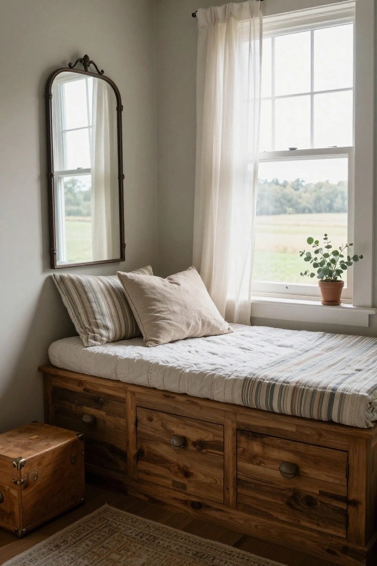 Corner bedroom view showing a low wooden platform daybed with three storage drawers, white quilt with striped edges, two pillows, arched metal mirror on wall, sheer curtains on multi-pane window with potted eucalyptus plant on sill, small wooden box on floor, and woven rug.