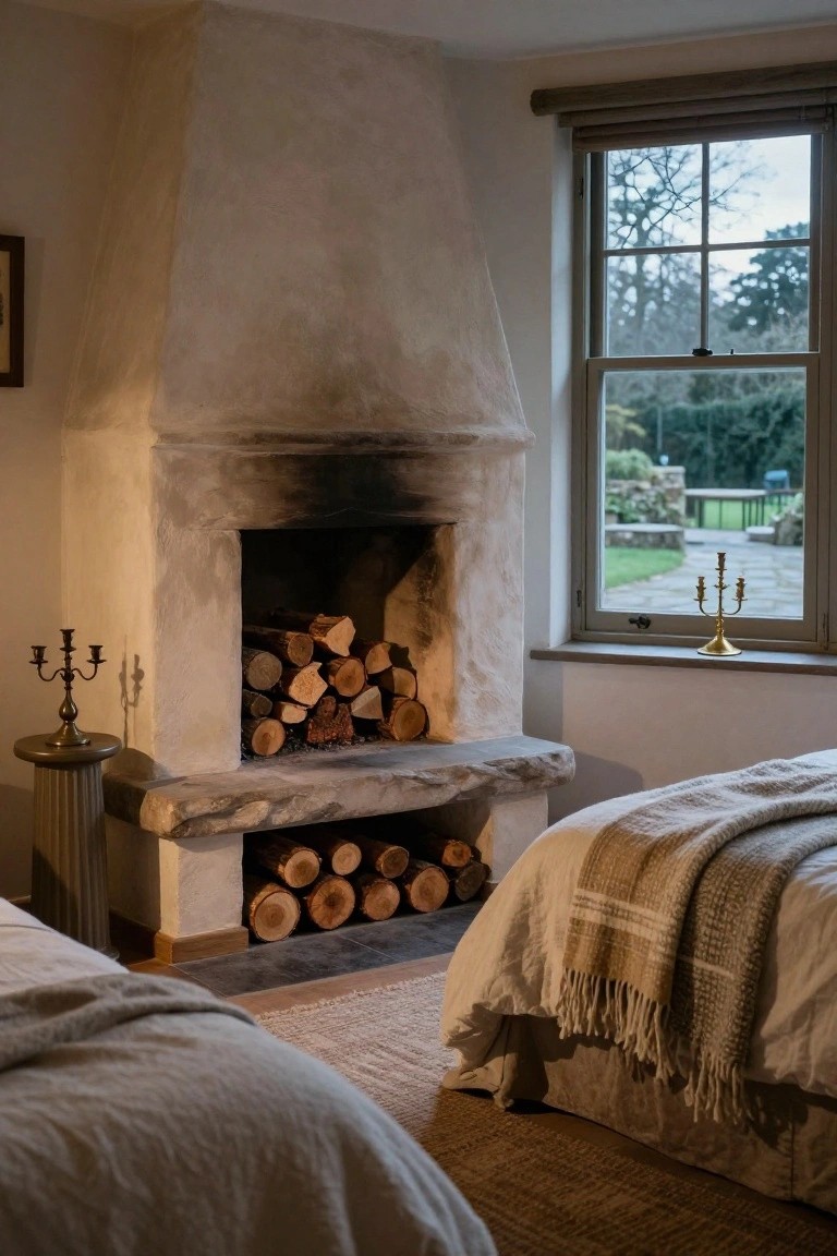 Bedroom interior with large textured stone fireplace holding stacked firewood on the hearth, two beds with neutral linen bedding and throws, wooden candelabras on stands, and a window showing garden and trees outside.