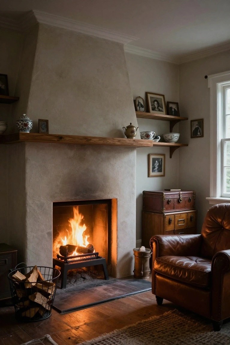 Corner interior with tall beige plaster fireplace containing burning logs on a black grate, wooden mantel shelf with teapots and ceramics, floating wood shelves holding bowls and picture frames, brown leather armchair, wooden boxes, and wire firewood basket on wood floor.