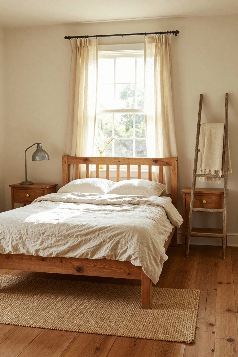 Farmhouse-style bedroom featuring a wooden bed with white linen bedding, matching nightstands, a metal desk lamp, sheer curtains on a multi-pane window, a wooden ladder draped with a white blanket, seagrass rug, and hardwood floors.
