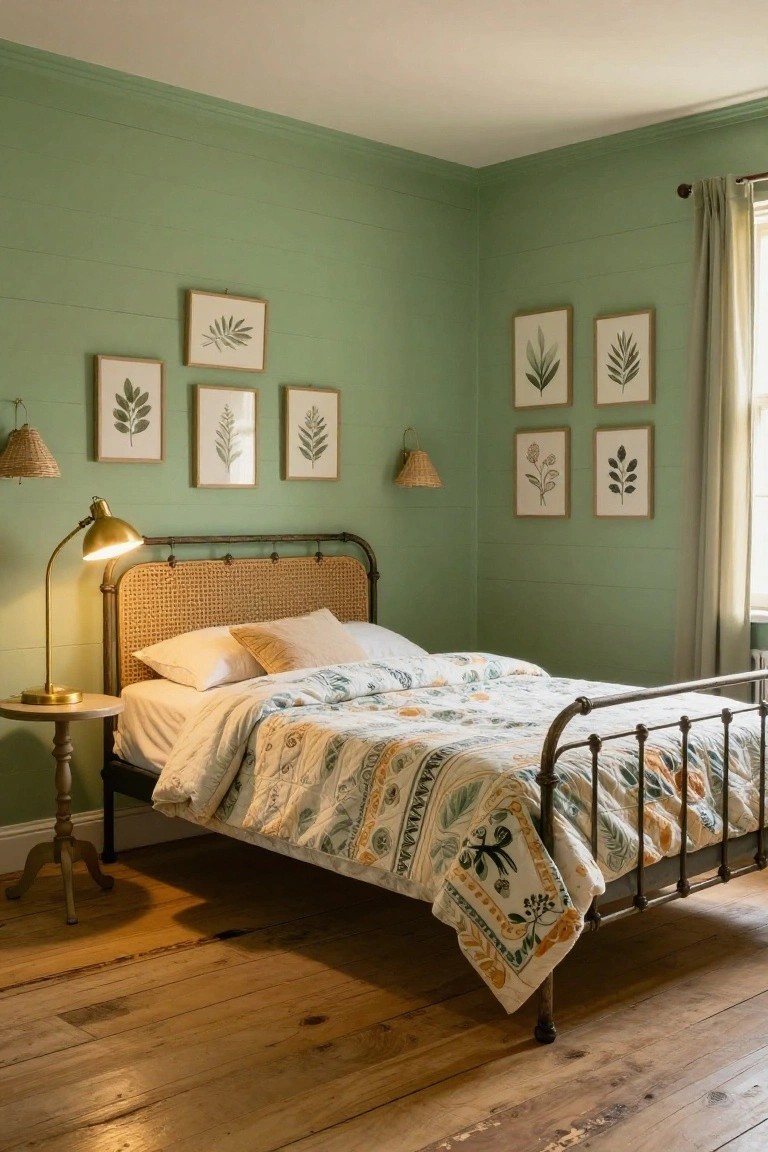 A bedroom with sage green shiplap walls, multiple framed botanical leaf prints, a rattan and iron bedframe, colorful quilted bedding, wicker lamps, and hardwood floors.