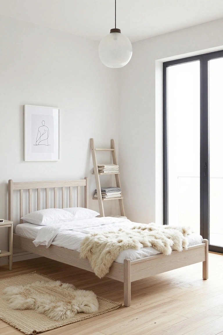 A light wood spindle bed with white bedding and a fluffy white sheepskin throw in a white-walled bedroom, next to a wooden ladder shelf and large black-framed glass doors, with a sheepskin rug on the oak floor.