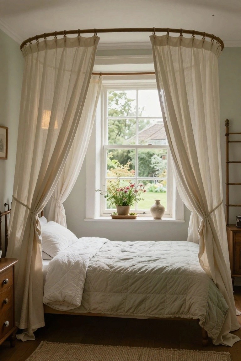 Bedroom with wooden bed under sheer white curtains draped from curved bamboo rod, next to open sash window showing garden view, flower pots on sill, wooden ladder shelf and dresser, neutral walls and rug.