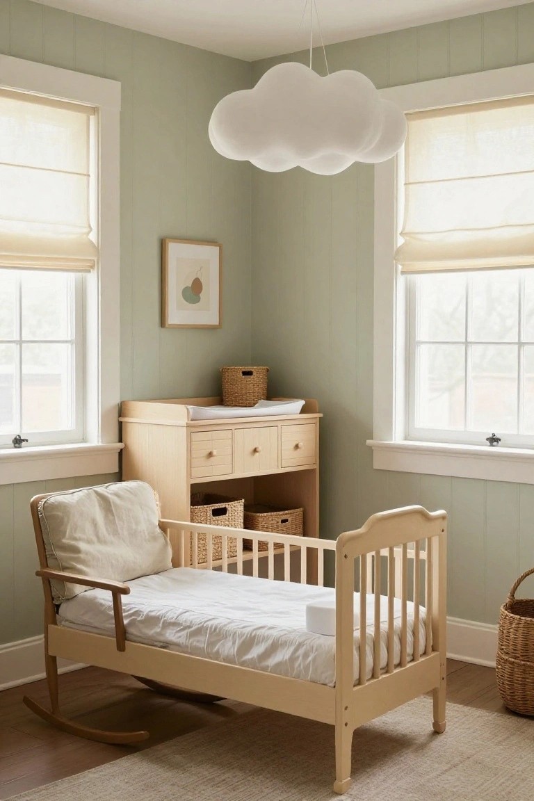 Pale green paneled walls in a cozy nursery with a blonde wood crib on rockers, matching changing table with wicker baskets, rocking chair, sheer curtains on two windows, and a white cloud-shaped ceiling light.