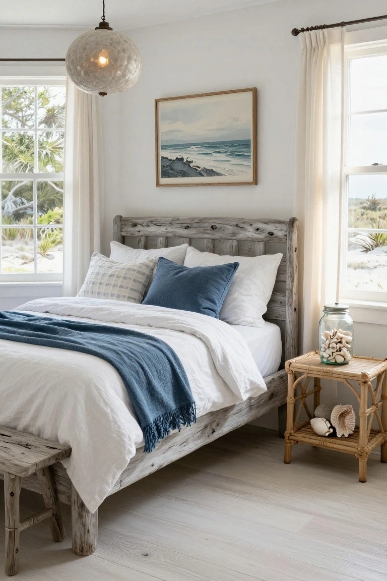 A bedroom corner with a tall gray weathered wood headboard on a white bed dressed in white linens, plaid and blue pillows, and a blue throw; beside it a rattan table holds a jar of shells, sheer curtains frame beach-view windows, and a pearl-like pendant light hangs above.