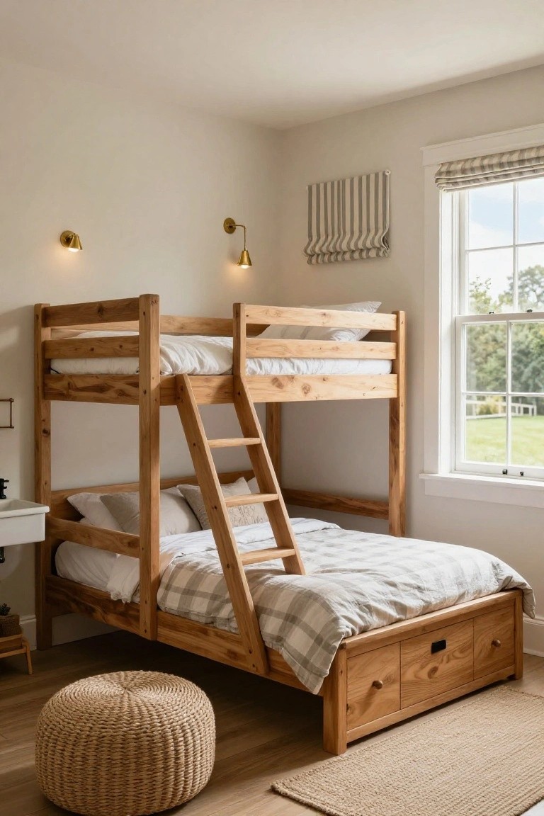 A children's bedroom with light wooden bunk beds featuring a ladder, plaid bedding on the lower bunk, underbed drawers, white pillows, and a window with striped roman shades overlooking greenery.