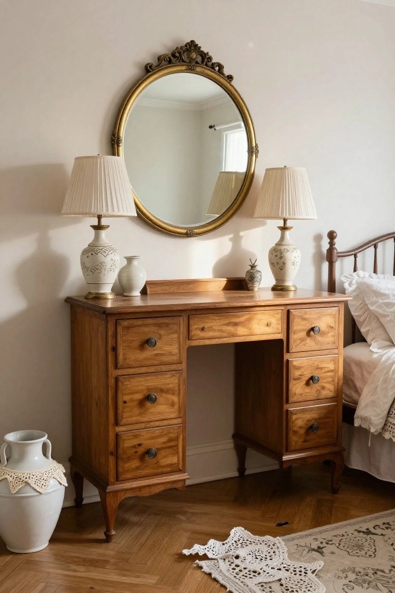 Wooden vanity desk with brass knobs and drawers against a white wall, topped by large gold oval mirror and flanked by white ceramic lamps and vases, next to brass bed frame on parquet floor in bedroom.