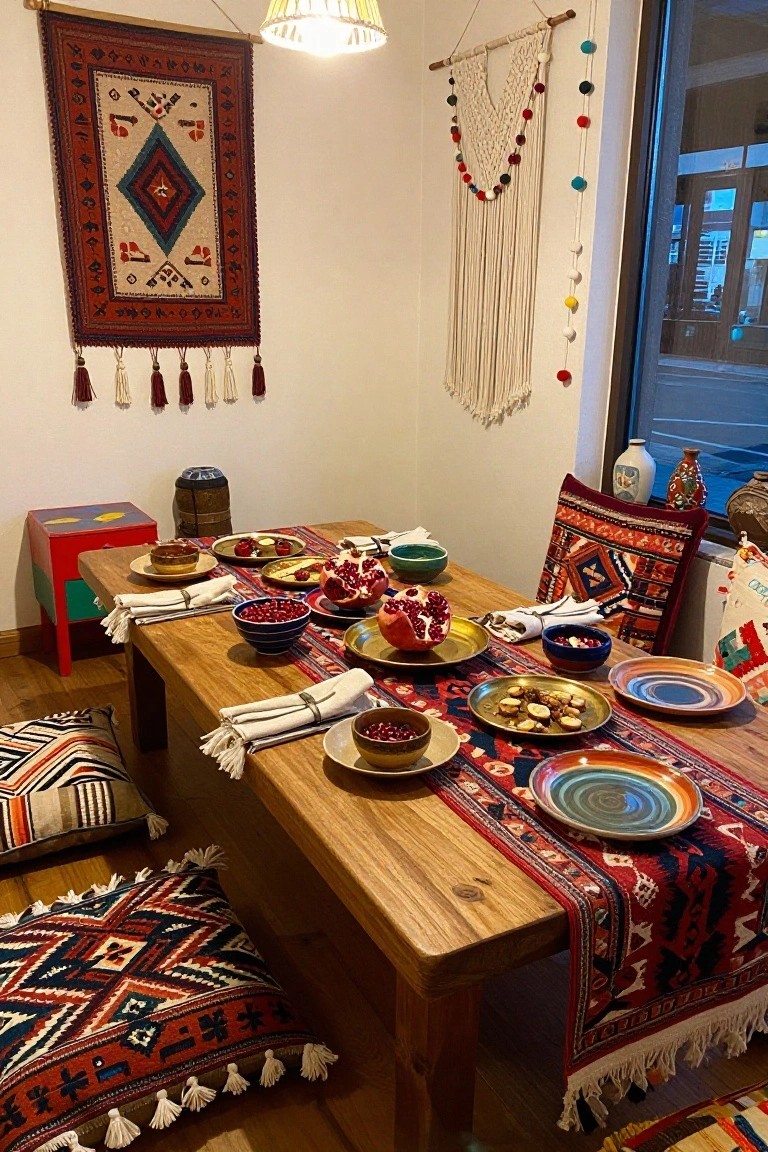 Low wooden dining table with a colorful kilim runner, set with ceramic bowls of pomegranates and berries, gold platters, and napkins, surrounded by patterned floor cushions and ethnic wall hangings in a warmly lit room.