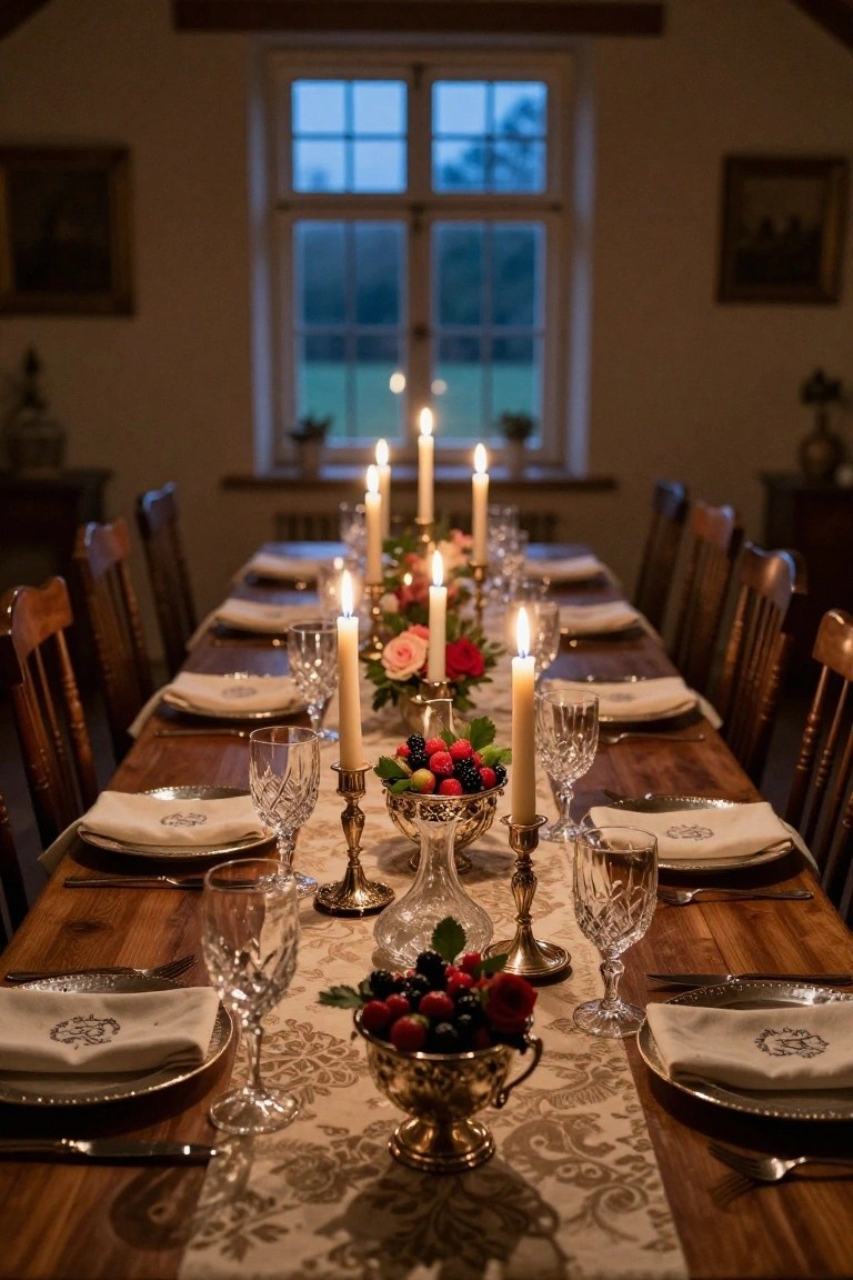 Long wooden dining table set for a meal with multiple lit taper candles in holders, crystal glassware, white monogrammed napkins, gold bowls of berries and cherries, rose flowers, and a lace runner, in a warmly lit room with wooden chairs and large window in background.