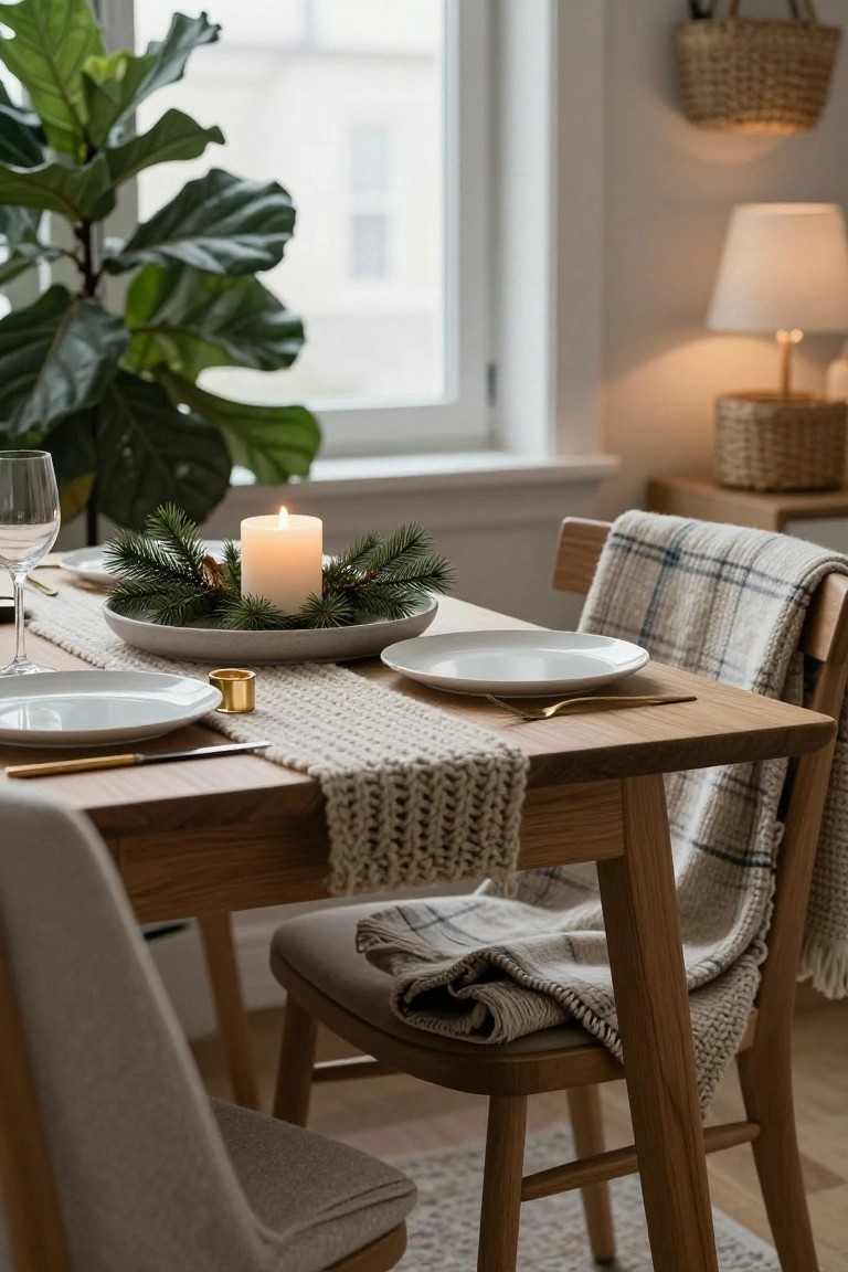 Wooden dining table set for two with white plates, gold flatware and rings, wine glasses, neutral runner, and central oval platter with lit white candle in evergreen wreath.