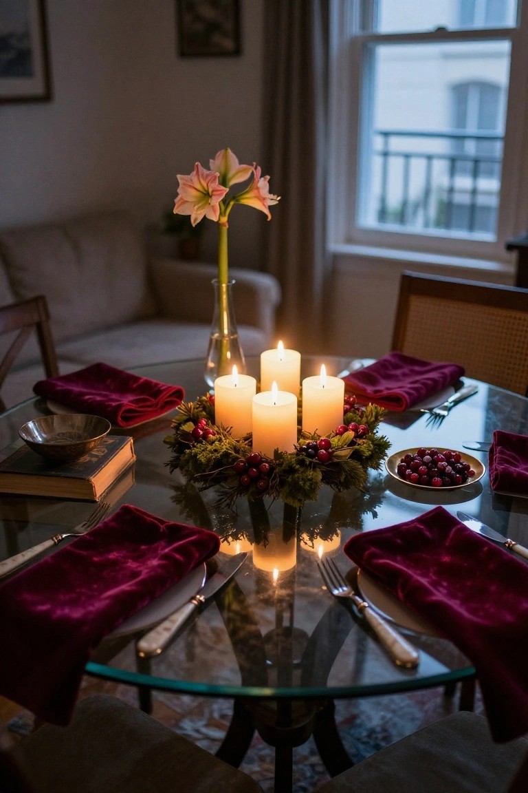Glass dining table with green evergreen wreath centerpiece holding four lit white taper candles, red velvet napkins, silverware, small dishes of red cranberries, and a vase of pink amaryllis flowers nearby.