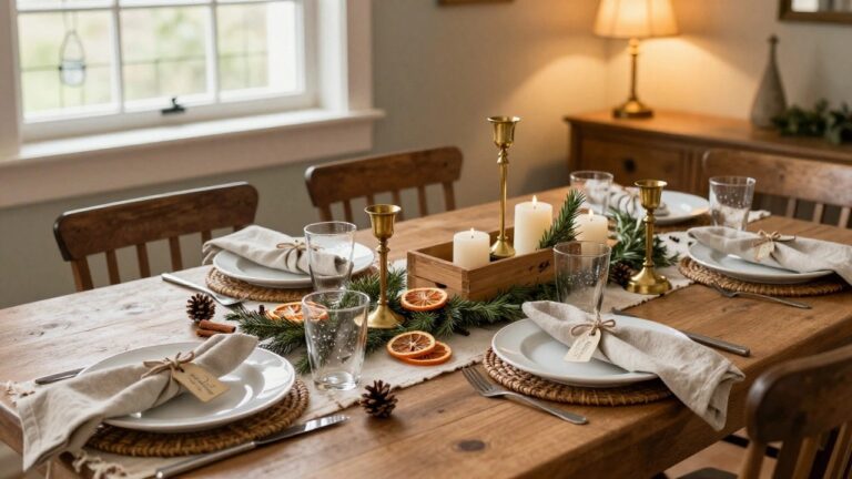 Wooden dining table set for eight with a central runner of pine branches, orange slices, cinnamon sticks, pinecones, and candles in glass and brass holders, flanked by placemats with twine-tied napkins, white plates, glassware, and woven chargers, wooden chairs, and a sideboard in the background.