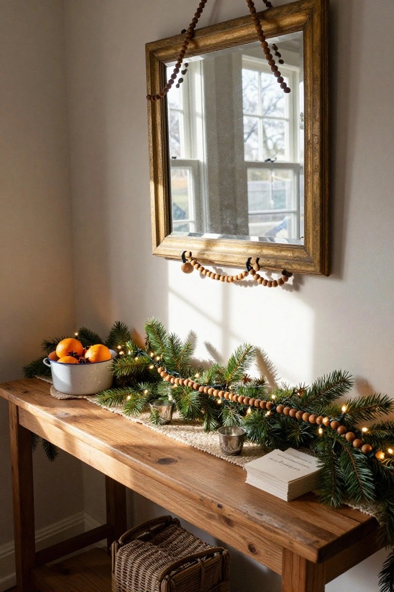 Wooden console table in a light-filled room corner holding a garland of fir branches with fairy lights, wooden beads, a bowl of oranges, silver cups, woven placemats, and stacked papers, with a basket below and gold-framed mirror above hung with bead garland.
