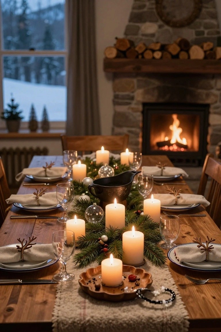 Wooden dining table decorated for Christmas with multiple lit pillar candles, evergreen branches, glass ornaments, a metal bowl, place settings with antler napkin rings, and wine glasses in a room with a stone fireplace, firewood stack, and window view of snowy landscape.