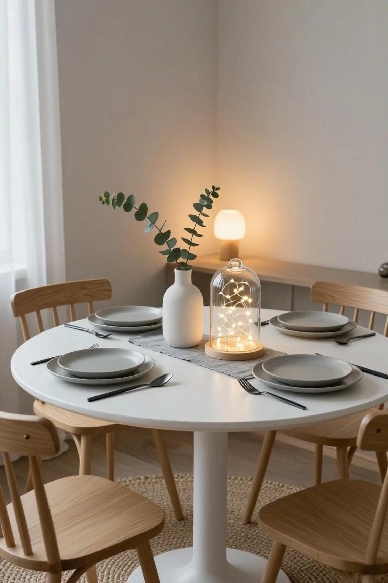 Round white pedestal dining table set for four with stacked grey plates, matte flatware, linen runner, white ceramic vase of eucalyptus branches, glass dome over fairy lights on wooden base, wooden chairs with cane seats on jute rug in light interior with lamp and sheer curtains.