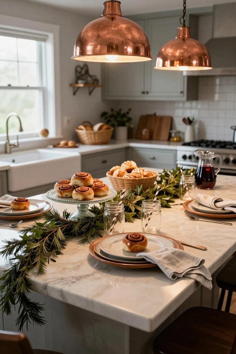 Kitchen island table set for Christmas with cinnamon rolls on glass stands, evergreen garland runner, neutral plates and linens, copper pendant lights, and wine glasses on marble countertop.