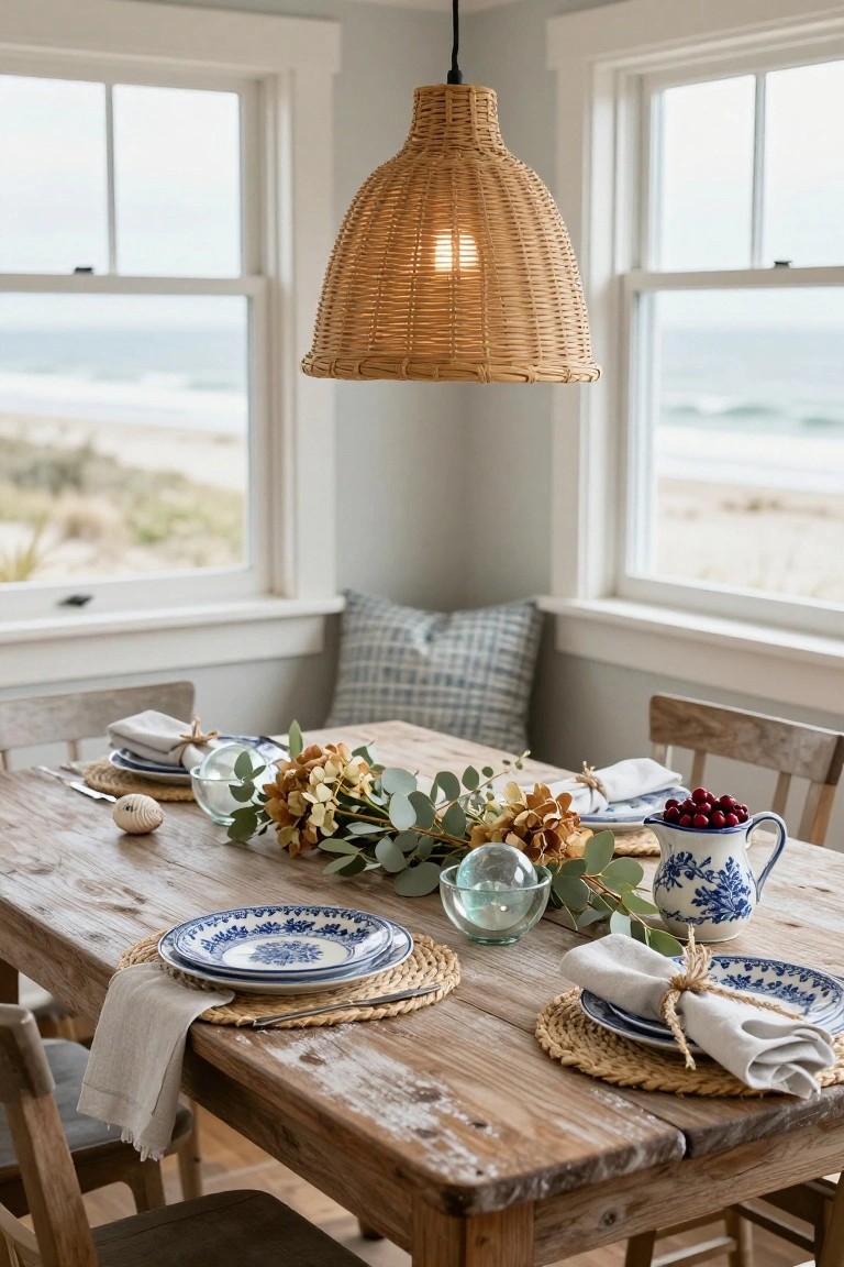 Dining table in a corner room with large windows showing beach view, set with blue and white plates on seagrass placemats, linen napkins tied with rope, dried flower and eucalyptus centerpiece, red berry pitcher, and wooden chairs.
