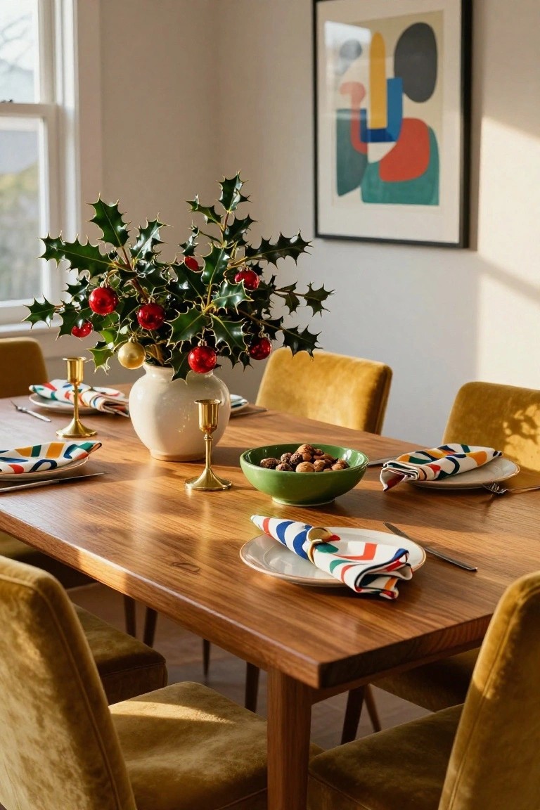 Dining table with colorful patterned plates and napkins, gold candlesticks, a white vase of holly branches and Christmas ornaments as centerpiece, green bowl of nuts, and yellow velvet chairs around wooden table in sunlit room.