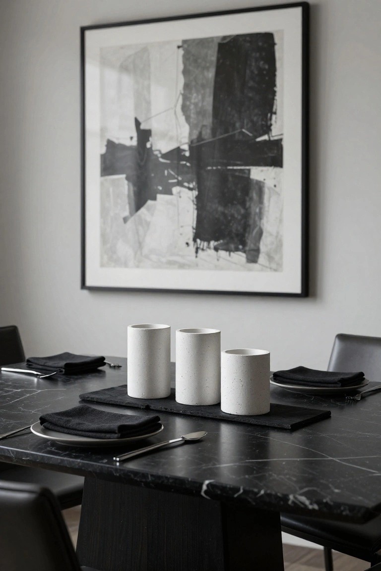 Black marble dining table with three tall white cylindrical ceramic vases grouped on a black rectangular slate tray at the center, black napkins and plates with silverware set around it, black leather chairs, and a large framed abstract black and white artwork on a light gray wall above.