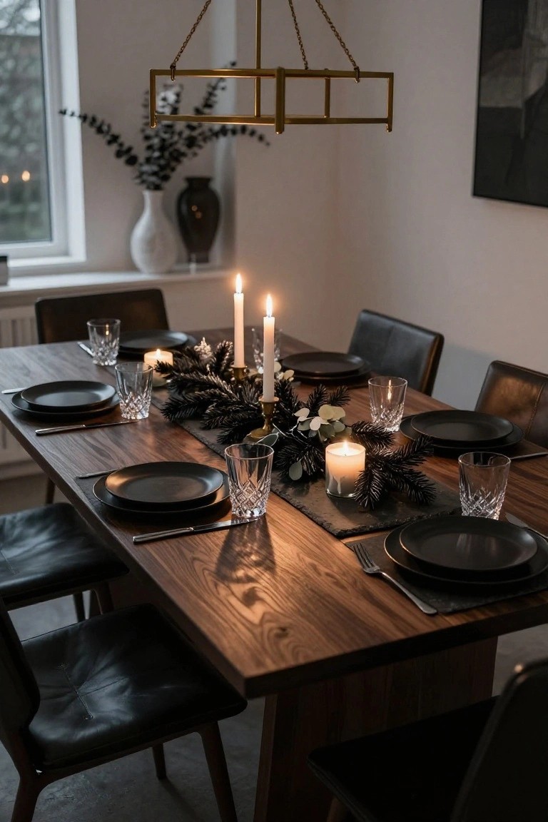 Dining table set with black plates, crystal glasses, pine and eucalyptus greenery runner, multiple lit candles, and black leather chairs in a warmly lit room with brass chandelier.