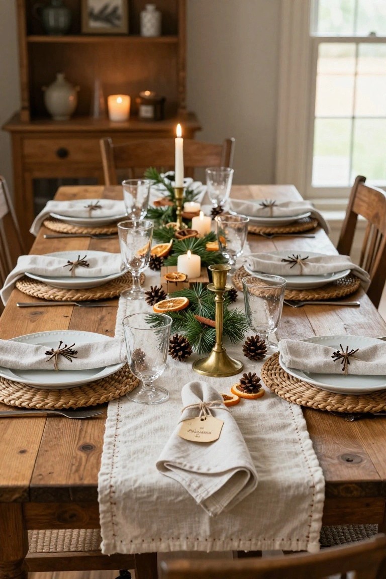 Wooden dining table set for eight with a central runner of pine branches, orange slices, cinnamon sticks, pinecones, and candles in glass and brass holders, flanked by placemats with twine-tied napkins, white plates, glassware, and woven chargers, wooden chairs, and a sideboard in the background.