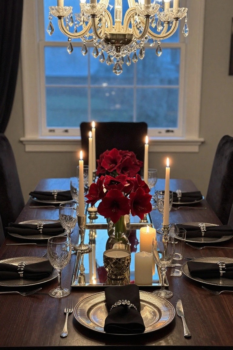 Dining table set with a centerpiece of red amaryllis in a glass vase on a mirrored silver tray surrounded by lit taper candles, black napkins on silver-edged plates, crystal wine glasses, and silverware, under a crystal chandelier by a window.