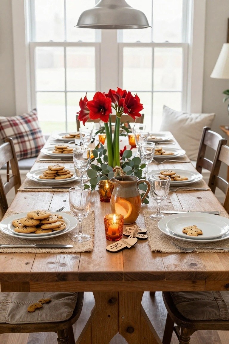 Wooden dining table in a bright room set with plates of cookies, red amaryllis flowers in a vase with eucalyptus, wine glasses, candles, and woven placemats.