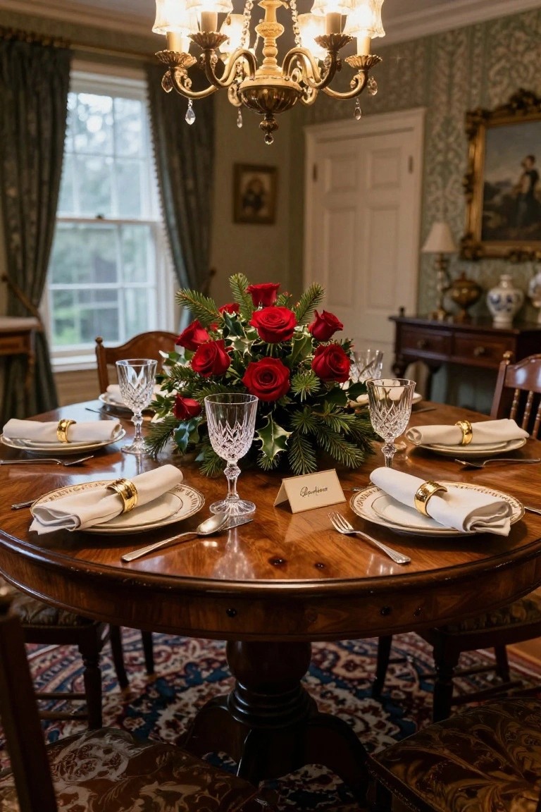 Round wooden dining table in a green-papered room set for four with red roses and evergreen centerpiece, crystal wine glasses, gold napkin rings, and white plates.