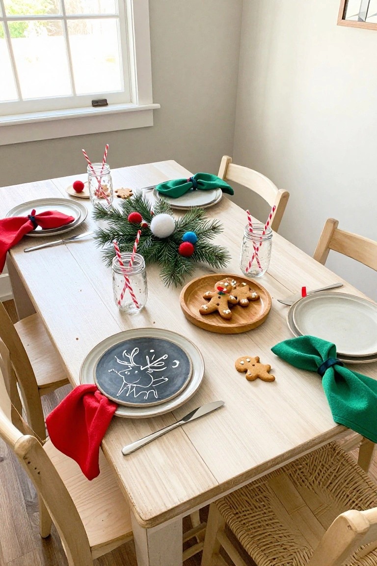 Wooden dining table set for Christmas with light plates some featuring chalkboard reindeer drawings, red and green napkins, evergreen branches with pom poms, gingerbread cookies on a wooden platter, mason jars with red and white striped straws, and wooden chairs.