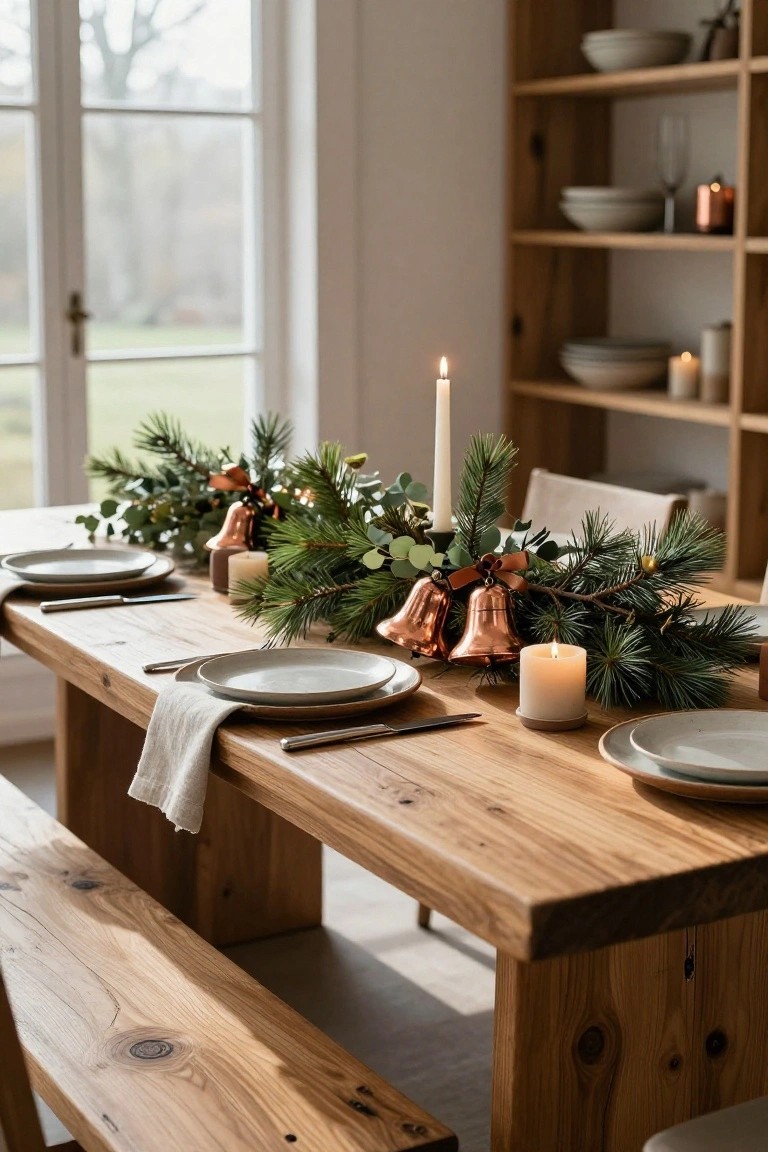 Wooden dining table and benches set for Christmas dinner with a centerpiece runner of pine branches, eucalyptus leaves, copper bells, and white candles, plus place settings of white plates and cutlery, in a light-filled room with wooden shelves.