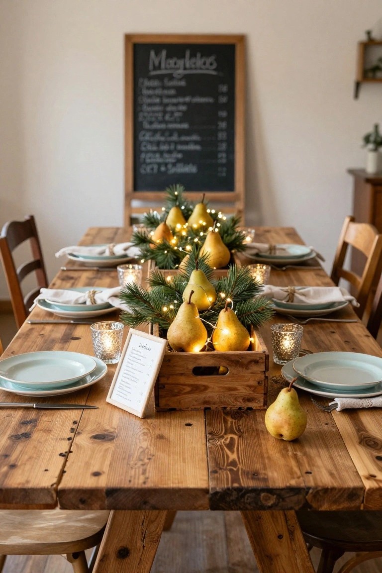 Rustic wooden dining table set with blue plates, linen napkins, glass candle holders, and a central wooden crate centerpiece filled with yellow pears, pine branches, and fairy lights, next to a chalkboard menu.