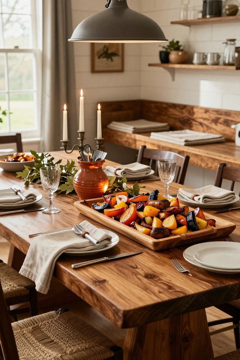 Wooden dining table with a large rectangular wooden platter overflowing with roasted vegetables including carrots, beets, squash, and onions, surrounded by place settings, wine glasses, linens, candles, and autumn leaves in a white shiplap kitchen.
