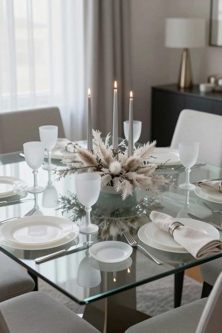 Glass dining table set with white plates, frosted glassware, linen napkins, lit white taper candles, and a centerpiece of white pampas grass in a white vase, surrounded by white upholstered chairs in a light room with sheer curtains.